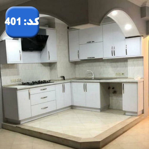 آشپزخانه با کابینت MDF سفید وگاز صفحه ای آپارتمان شیرود 45555