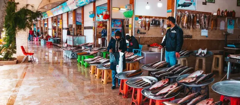 نمایی از فروشندگان ماهی در داخل بازار ماهی فروشان رامسر 485684635
